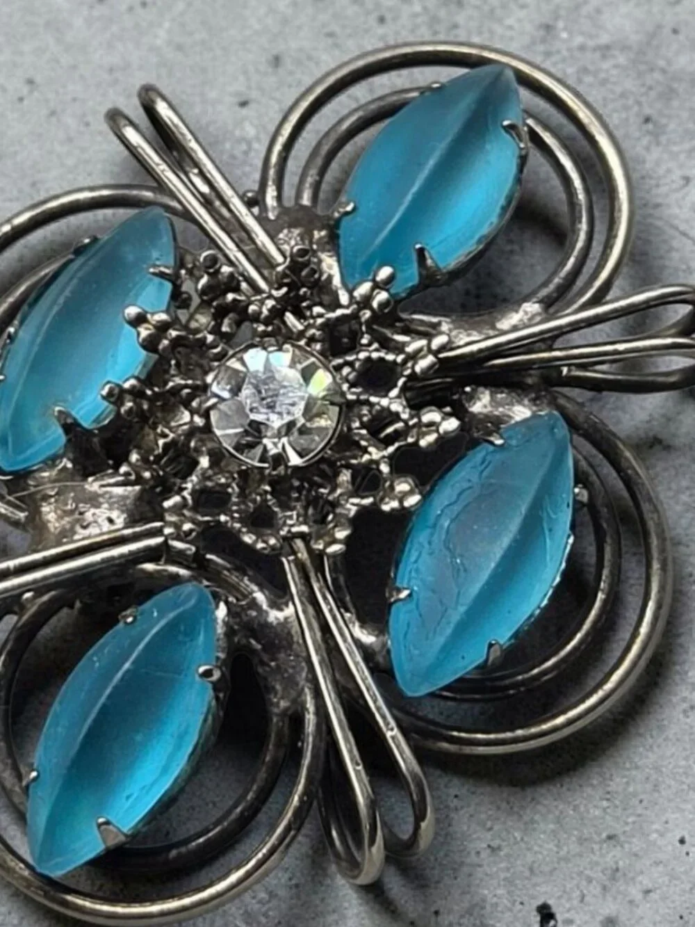Vintage Frosted Blue Marquise Glass Brooch Wire Wrap Central Rhinestone1980s